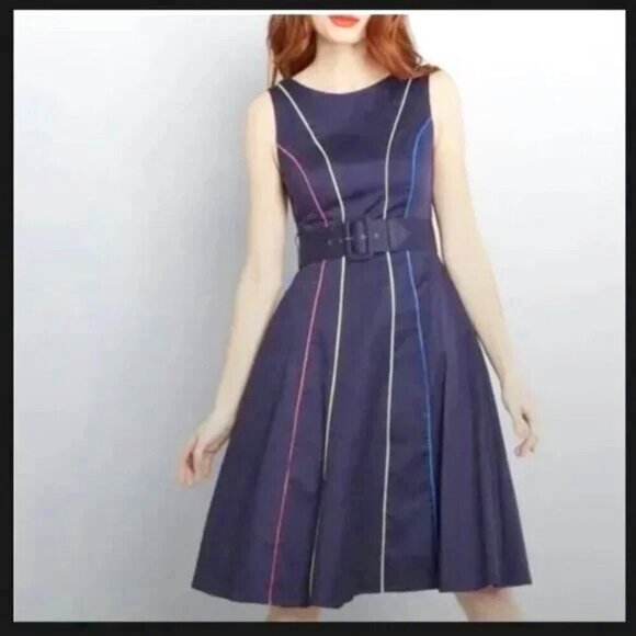 MODCLOTH "Between the Lines" Belted Navy Dress - Picture 1 of 1